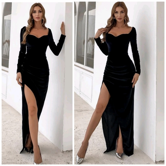 New Retro Velvet Sweetheart Dress Long Sleeve Split Thigh Long Black - Picture 1 of 11